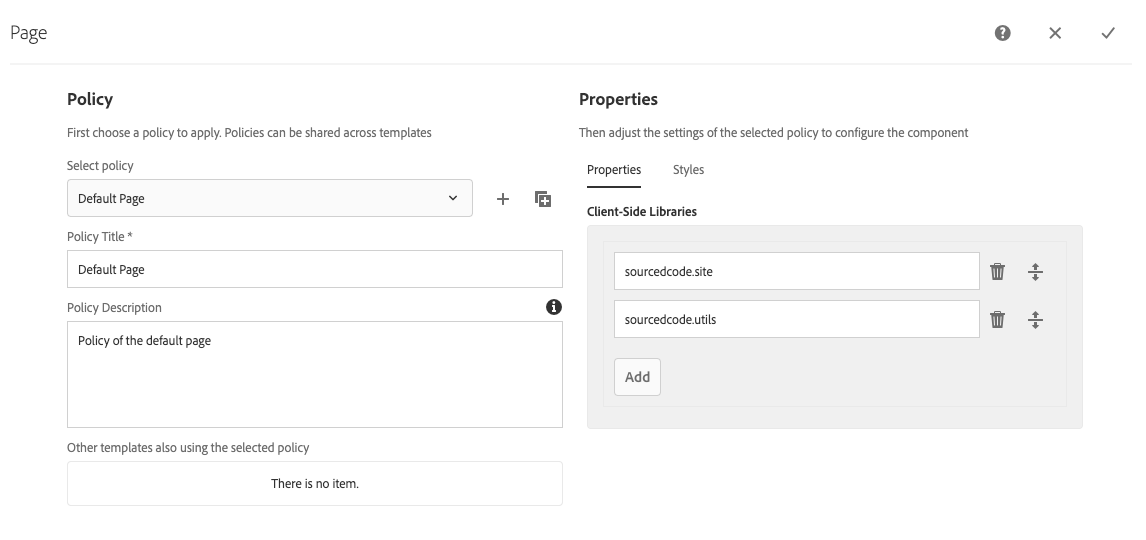 Editable template page policies